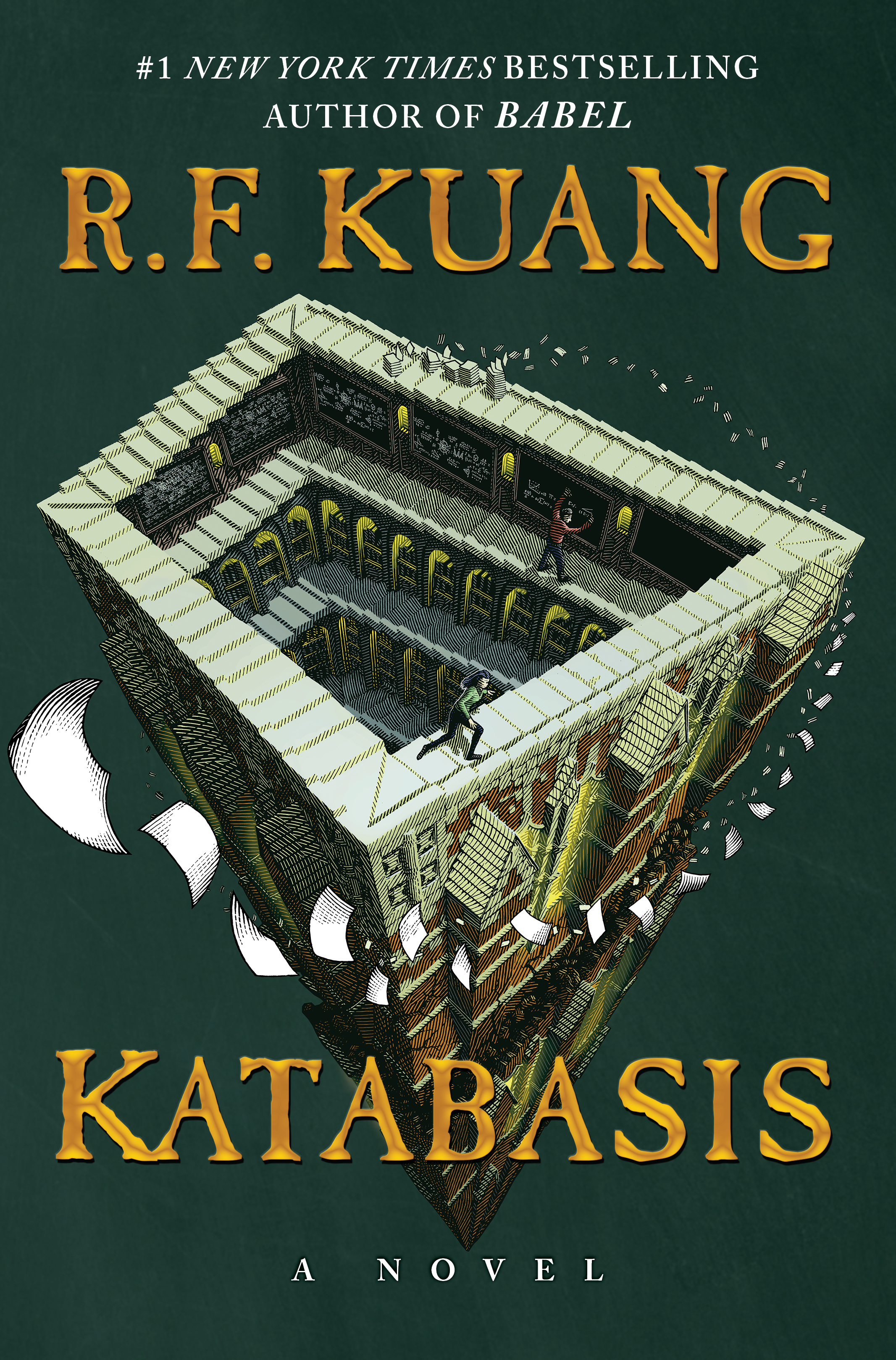 Book cover of Katabasis by R.F. Kuang, showing an isometric, maze-like stone structure resembling a sunken library with staircases and shelves, where two small figures move inside as pages scatter outward against a dark green background.