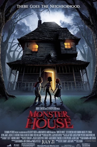 Poster for Monster House showing three children outside a spooky house with glowing windows in a dark forest.