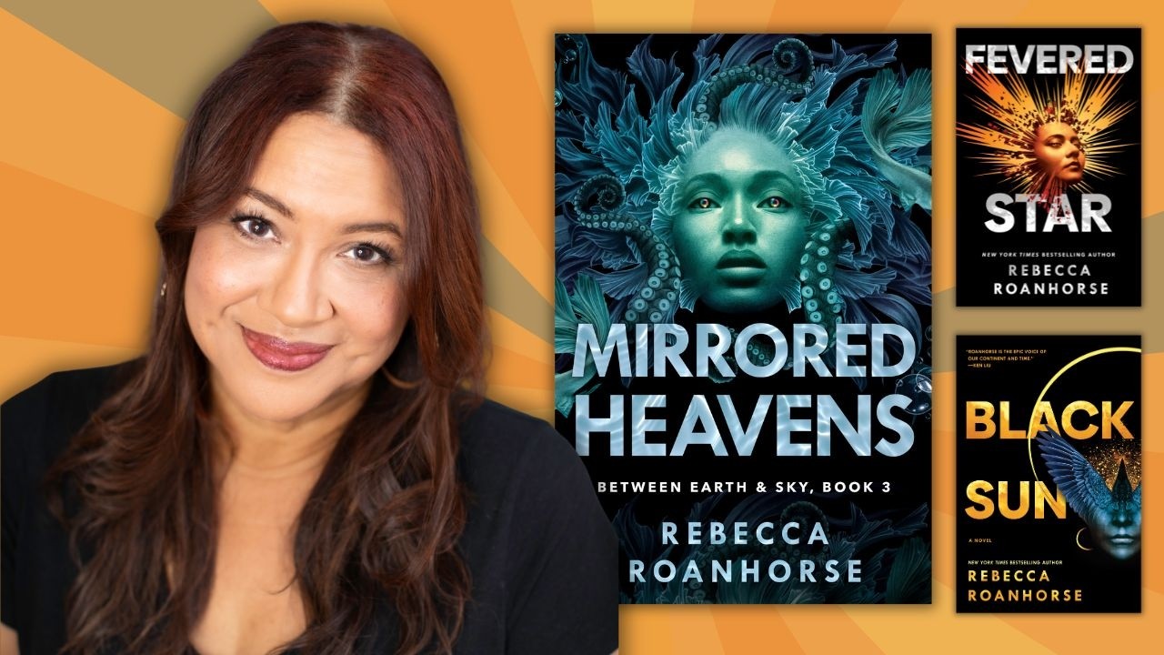 Portrait of a woman beside book covers for Mirrored Heavens, Fevered Star, and Black Sun.