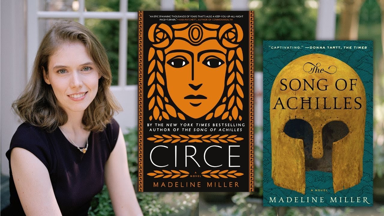 Author Madeline Miller next to her novels Circe and The Song of Achilles