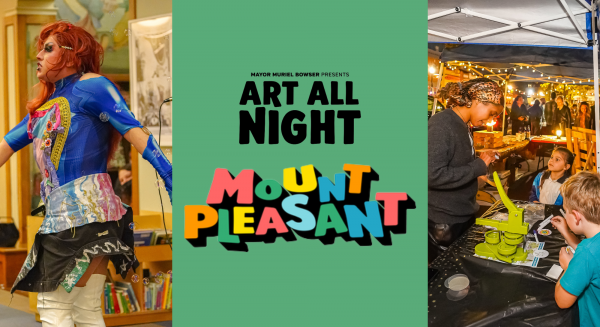 Art All Night Banner - drag performer on left and children arts activity on right