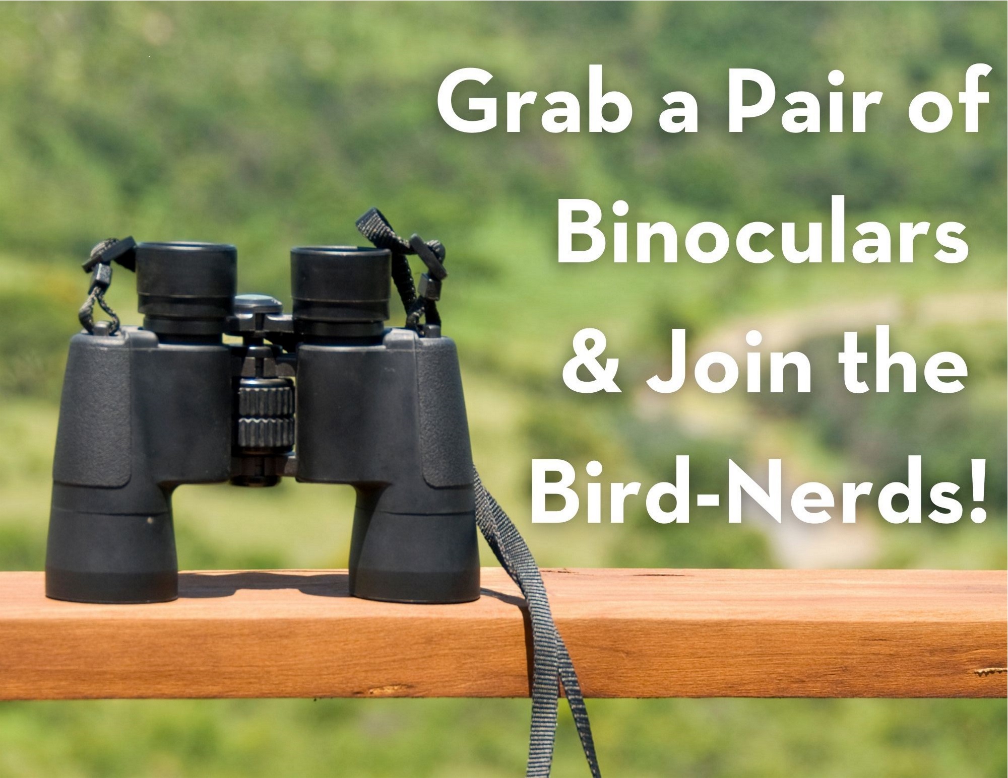 a pair of binoculars and the words 'grab a pair of binoculars and join the bird nerds' 