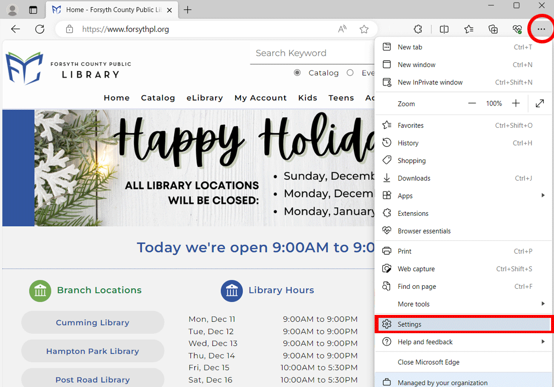 Screenshot of clicking the three dot icon and Settings in Edge