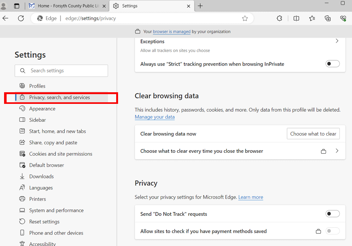 Screenshot of clicking privacy menu and the Choose what to clear button in Edge