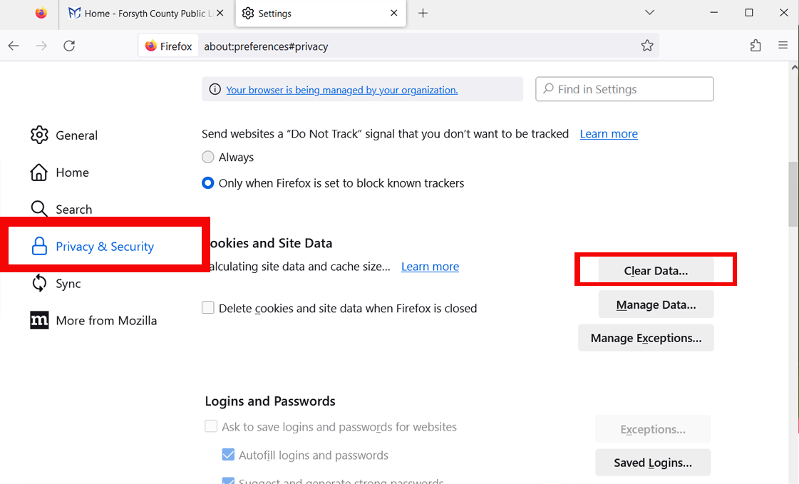 Screenshot of clicking Privacy menu and Clear data button in Firefox