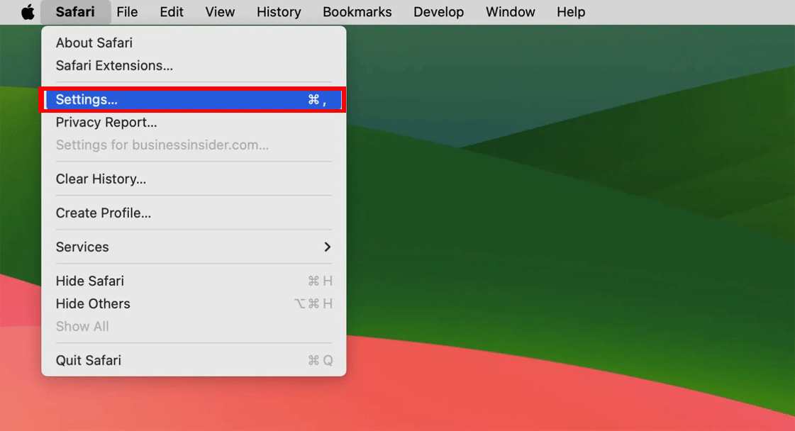 Screenshot of clicking Safari and Settings in Safari