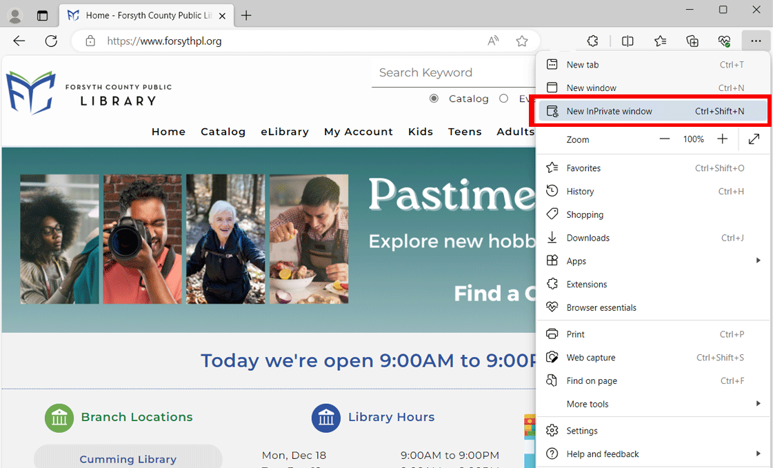 Screenshot of clicking the three dot menu and new inPrivate window in Edge