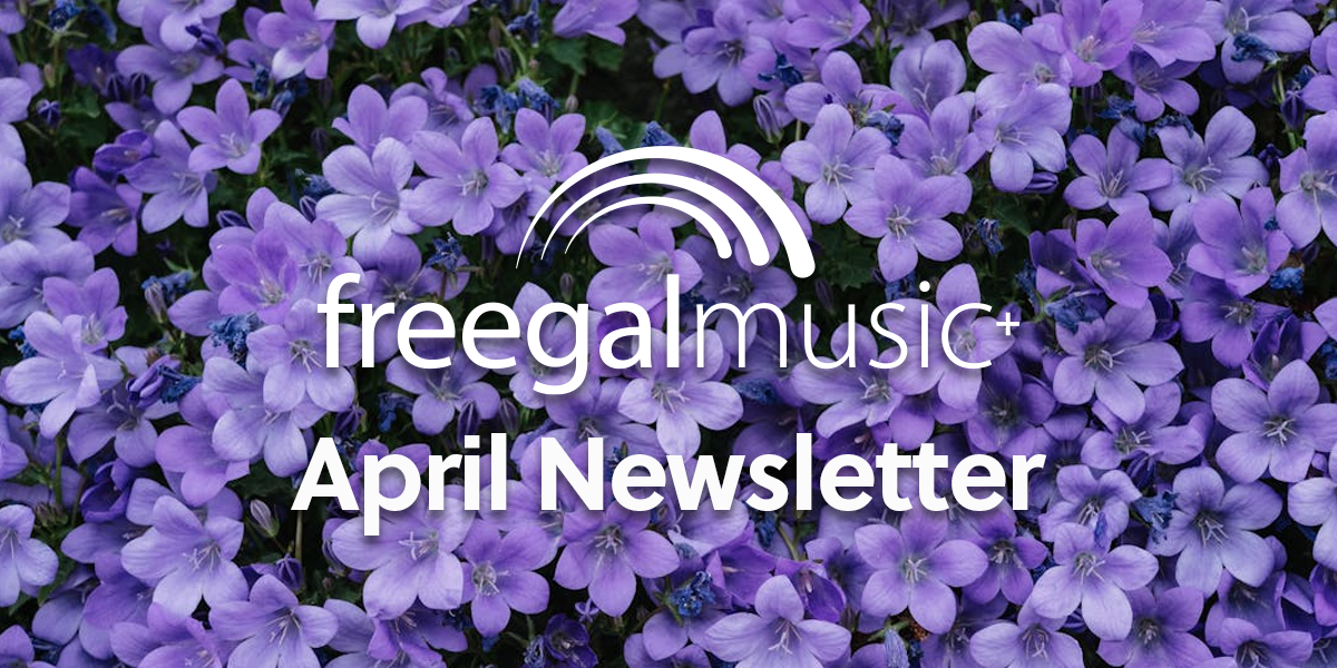 Text Freegal Music+ April Newsletter with purple flowers
