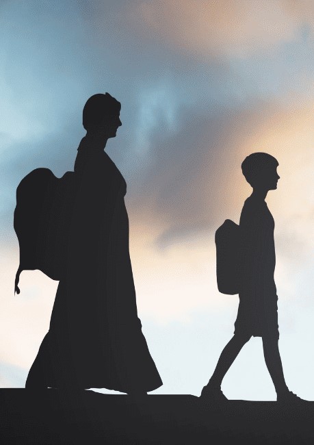 Two travelers in silhouette