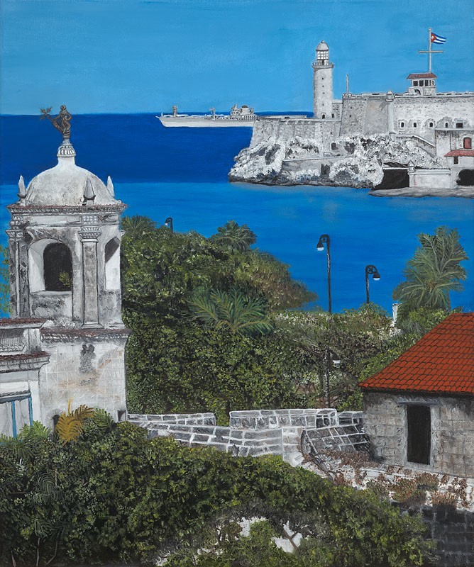 Painting of ocean and brick buildings in Cuba