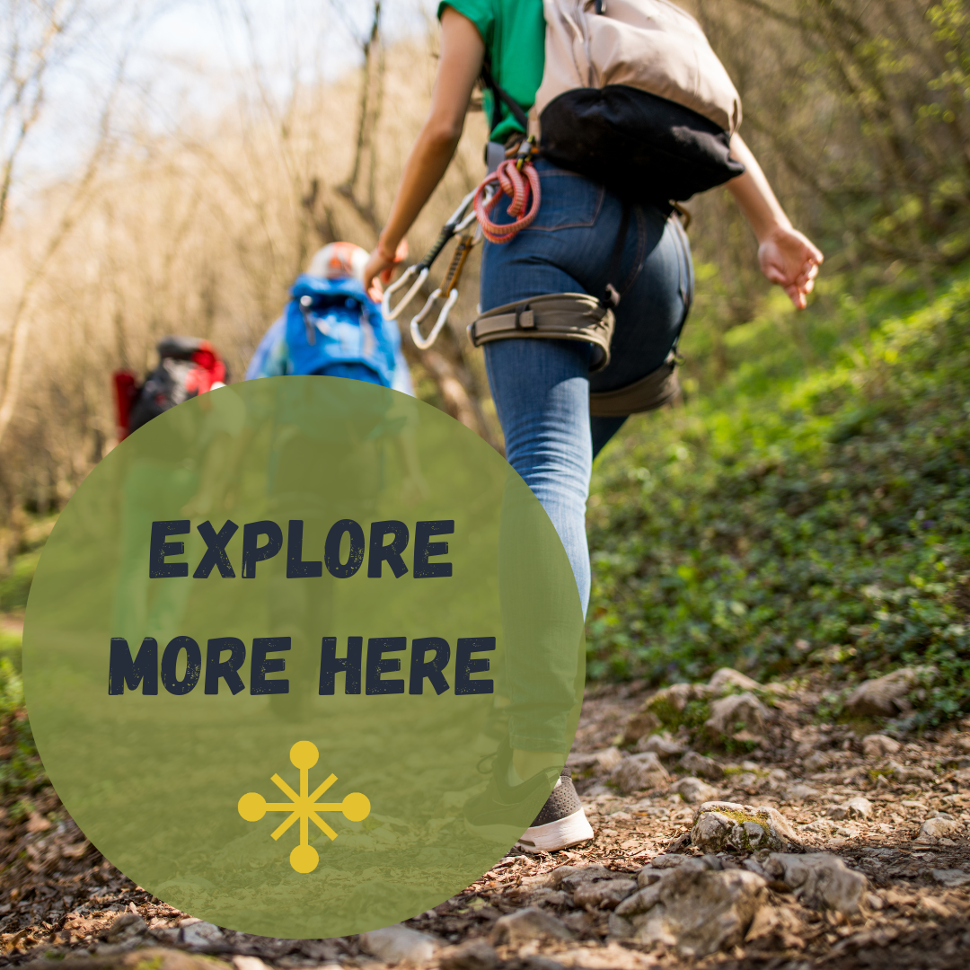 Image of hikers on wooded trail with 'Explore More Here' text. Click on image to view list of summer reading programs.