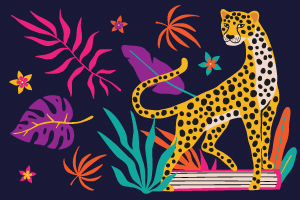 An adventure themed graphic with forest foliage and wild animals.