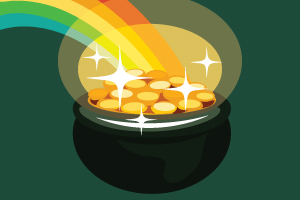 A shimmering pot of gold at the end of a rainbow.