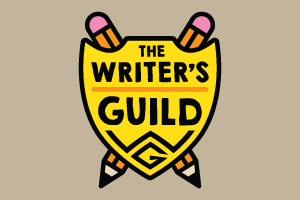 A shield that says "The Writer's Guild" with pencils crossed like swords behind it.