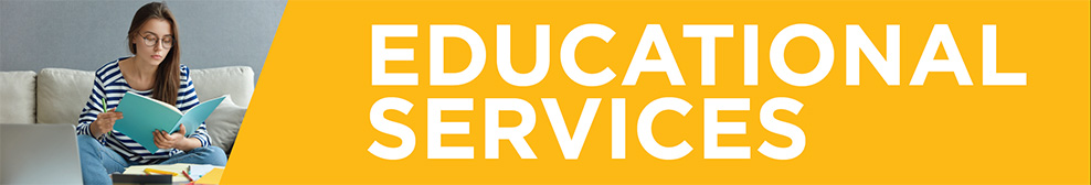 A banner image with a woman browsing a folder on the left and the text Educational Services on a yellow background on the right