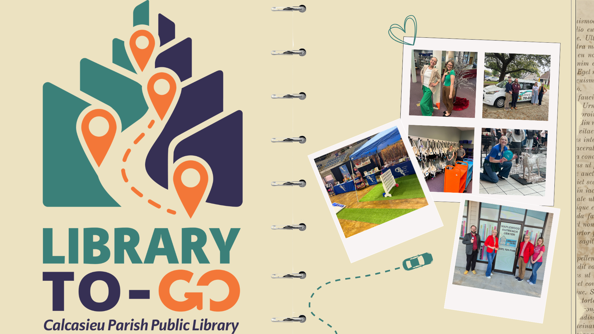 Library To-Go promo L2G van and open book with heart-shaped pages.
