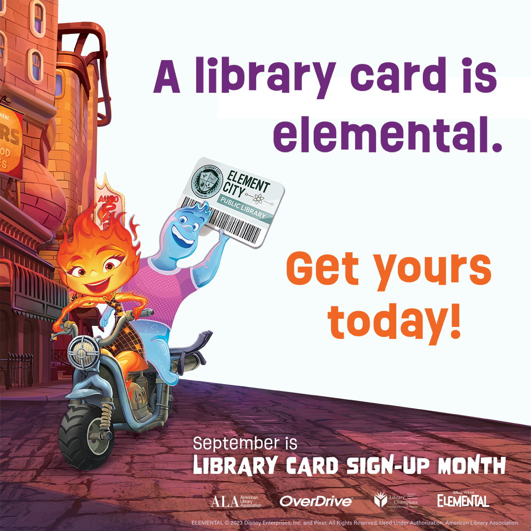 Two elemental characters ride a motorcycle while brandishing a library card