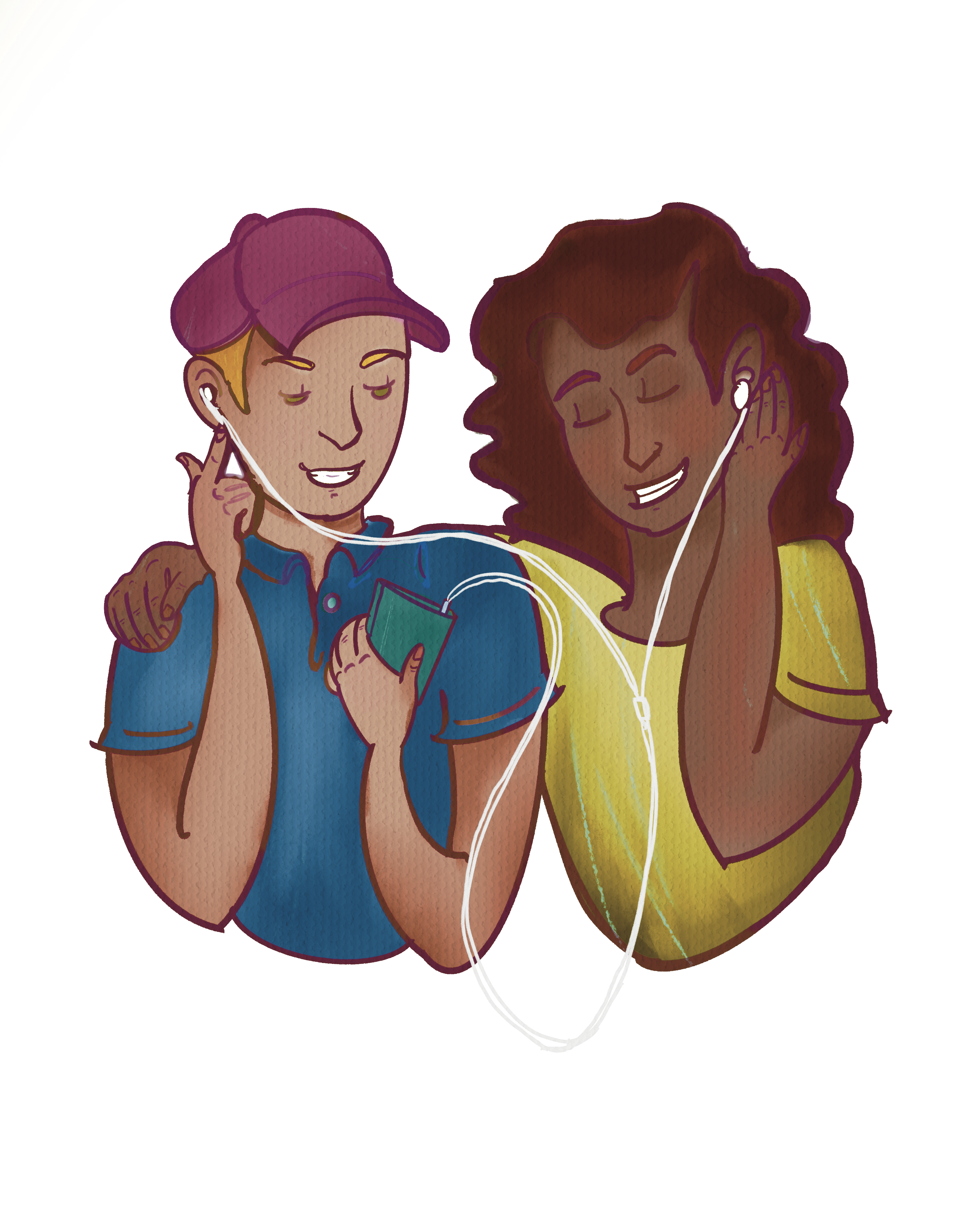 Two people sharing earbuds to listen to a book