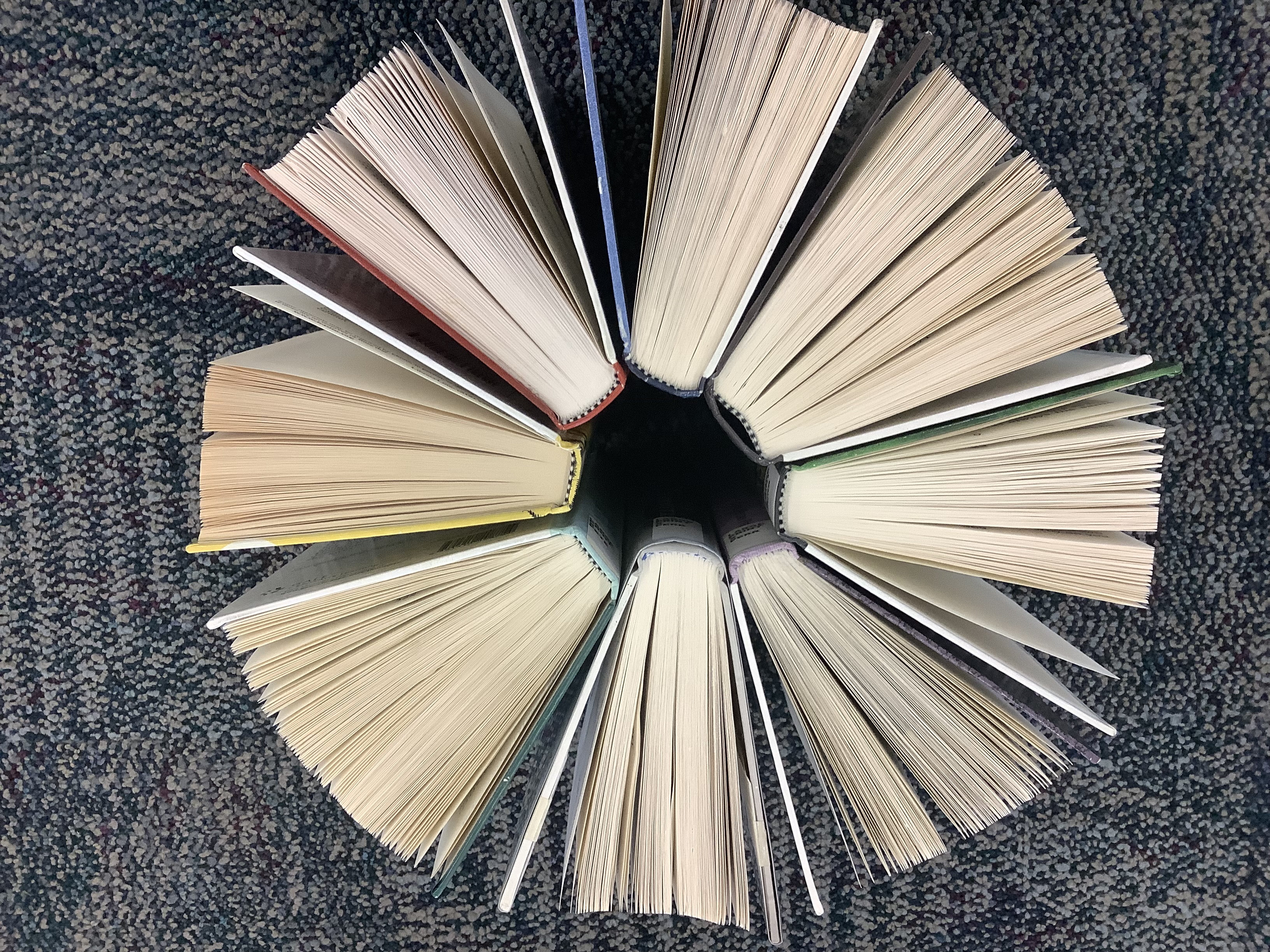 Books standing in a circle, spines inward, shot from above