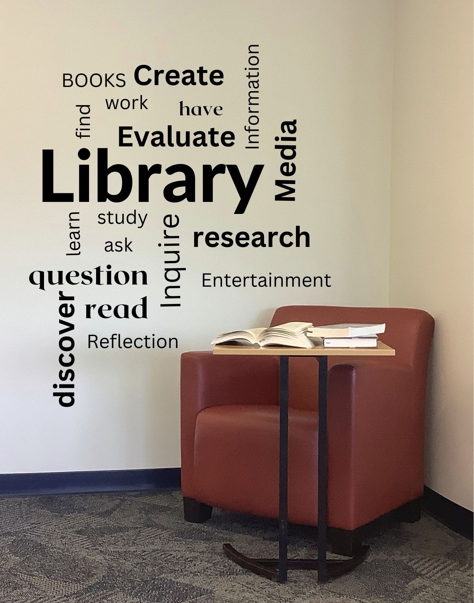 Chair and book with wordcloud about libraries on the wall