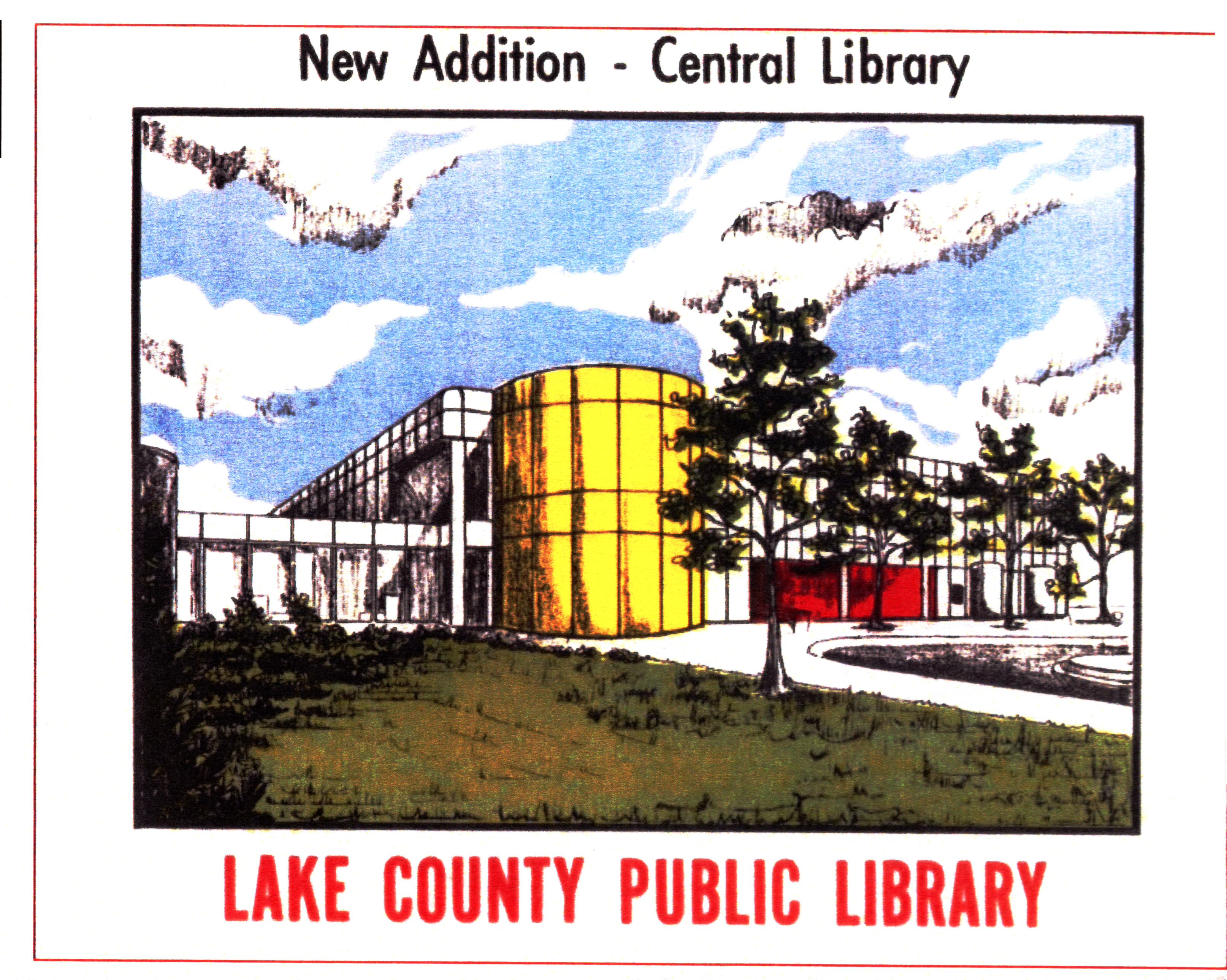 Old illustration of Merrillville Branch when it had the white paneling and yellow tower