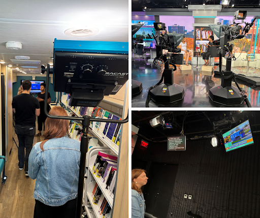 Collage: 3 behind-the-scenes photos of library staff filming at the Living Local DMV studio.