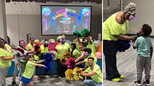 Collage: Left photo shows Library staff in matching neon lime shirts and glowing glasses posing together and smiling, right photo shows Marsha in her neon rave gear leaning down to share a microphone with a storytime child