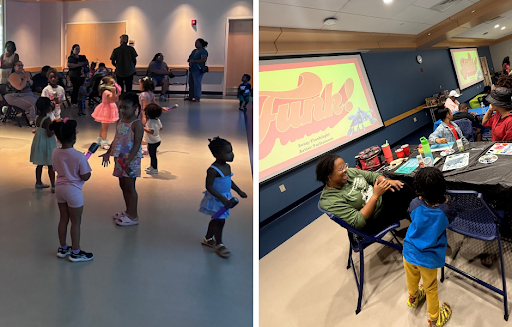 Collage: Left photo shows toddlers dancing with inflatable microphones, right photo shows families doing crafts and socializing with a screen showing FUNK in bright orange and yellow on the wall