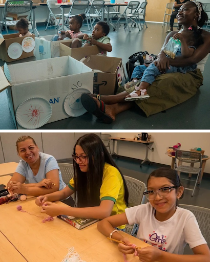 Collage: Top photo shows adult caregiver sitting on library floor alongside four children in cardboard cars watching a film, bottom photo shows three family members crocheting and smiling