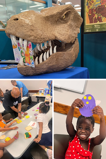 Collage: top photo of papier mache T-Rex head with coloring book in teeth, bottom photos of children participating in library craft programs