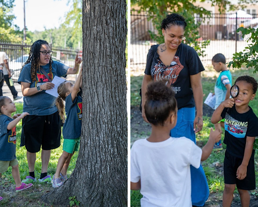 Collage: Two photos of adult caregivers helping kids in summer T-shirts in an outdoors scavenger hunt