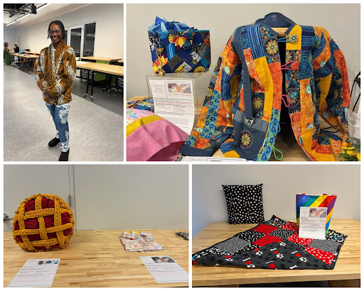 Collage: A woman models a leopard-print quilted jacket in one photo, with the other three showing colorful sewing, crochet, and quilting projects on display