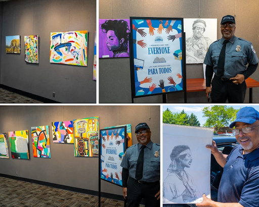 Collage: A man in a security uniform with glasses and a ballcap stands alongside a variety of paintings and drawings on a library wall and in a parking lot.