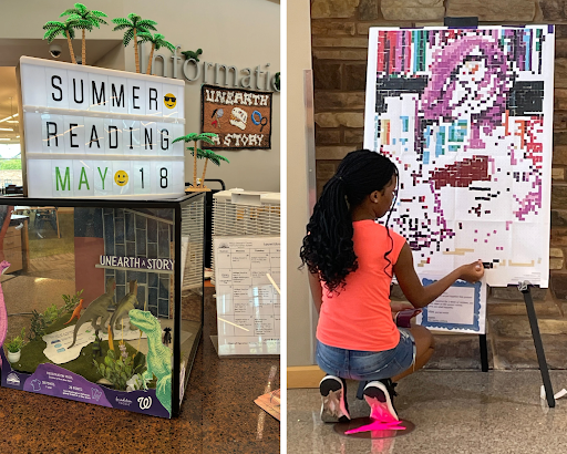 Collage: Left photo of library desk with summer dinosaur decorations, right photo of tween girl crouching while adding colored stickers to a poster slowly resembling a dinosaur with a book