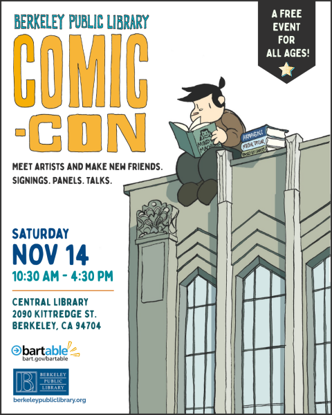 BPL Comic Con Poster with drawing of person sitting on top of library buiding by Jason Shiga