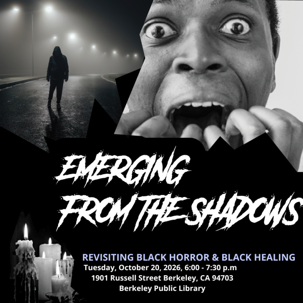 a collage of images including a shadowy figure on an empty dark road and a picture of a person with a terrified look on their face and it reads emerging from the shadows revisiting black horror and black healing