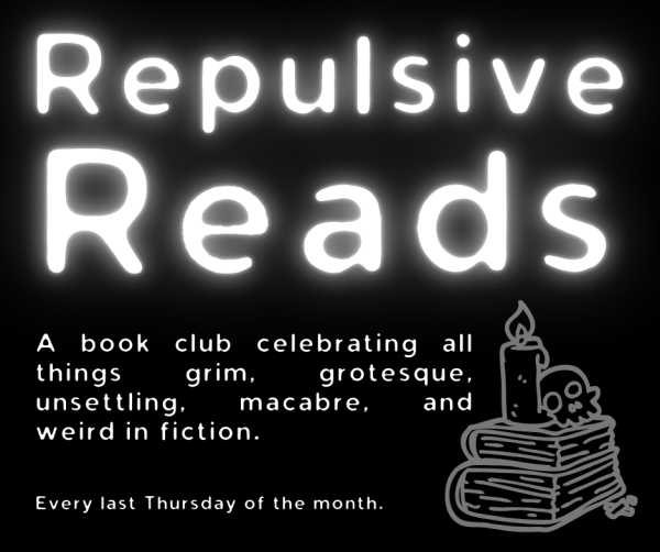 Text reading Repulsive Reads with an image of a skull atop books