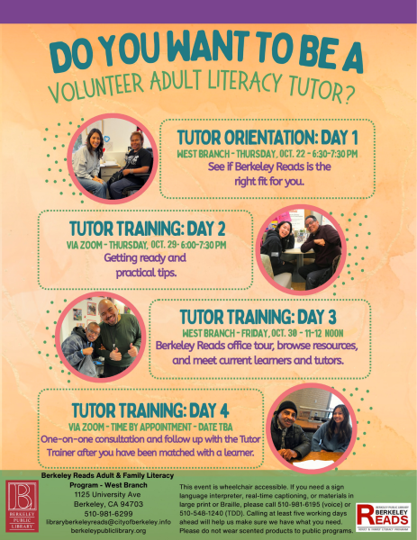 Flyer for the four session Volunteer Adult Literacy Tutoring