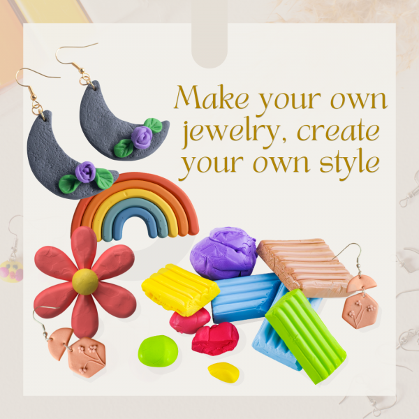 Jewelry supplies such as earrings, polymer clay, and text that reads "Make your own jewelry, create your own style".