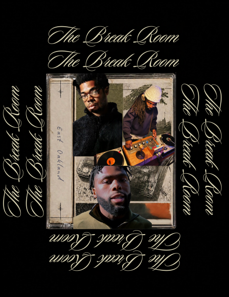 the break room repeated in a cube formation with pictures of rappers nimsins, demahjiae and dj musa bey in the middle